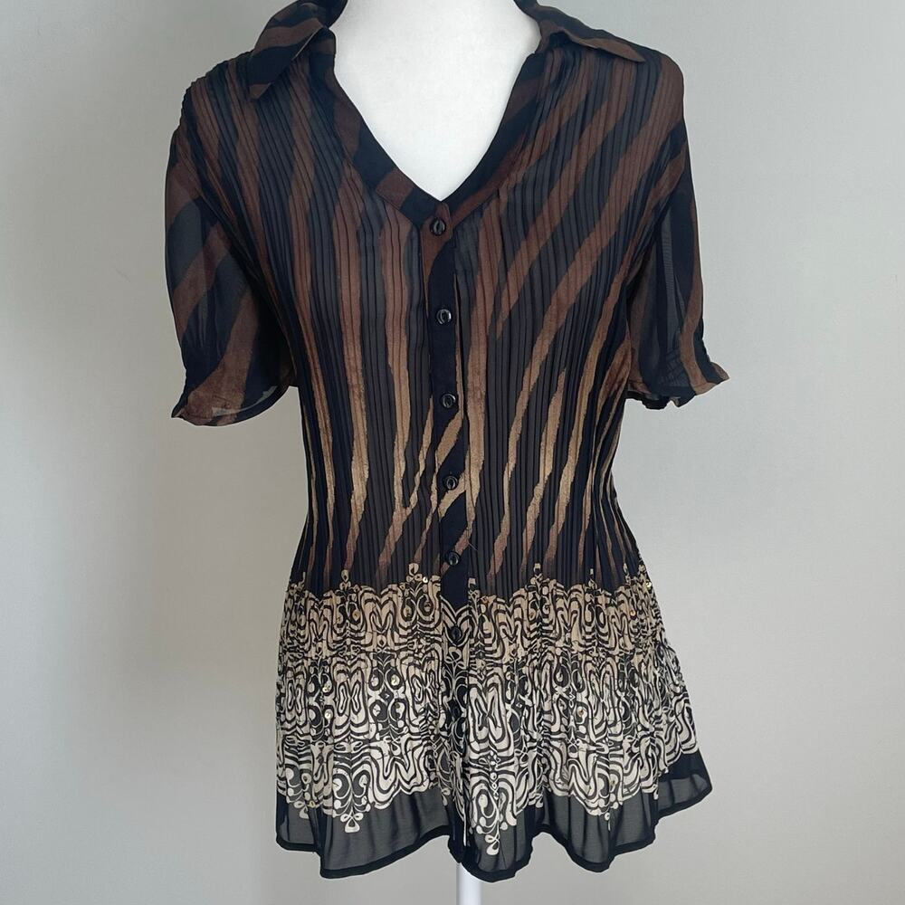 Dressbarn Sheer Boho Pleated Tunic Blouse 1X Brown Black Button Front Plus Size